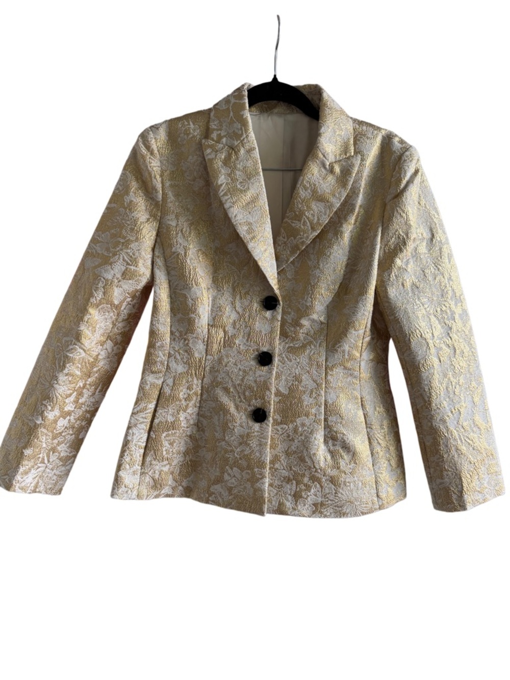 Designer-Style Gold Metallic Butterfly Motif Tailored Blazer